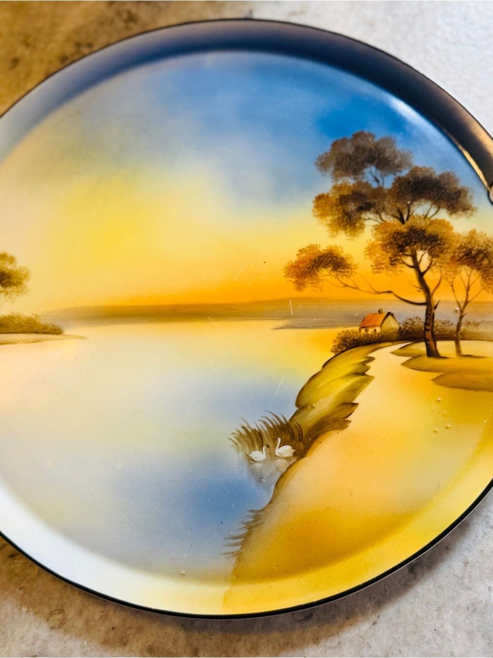 Japan Hand Painted House by the Lake/Tree in the Meadow Gold Trim 12in